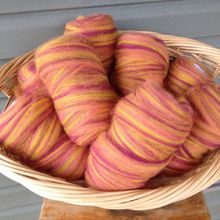 Load image into Gallery viewer, Hand-dyed alpaca roving raspberry &amp; yellow