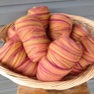 Hand-dyed alpaca roving raspberry & yellow